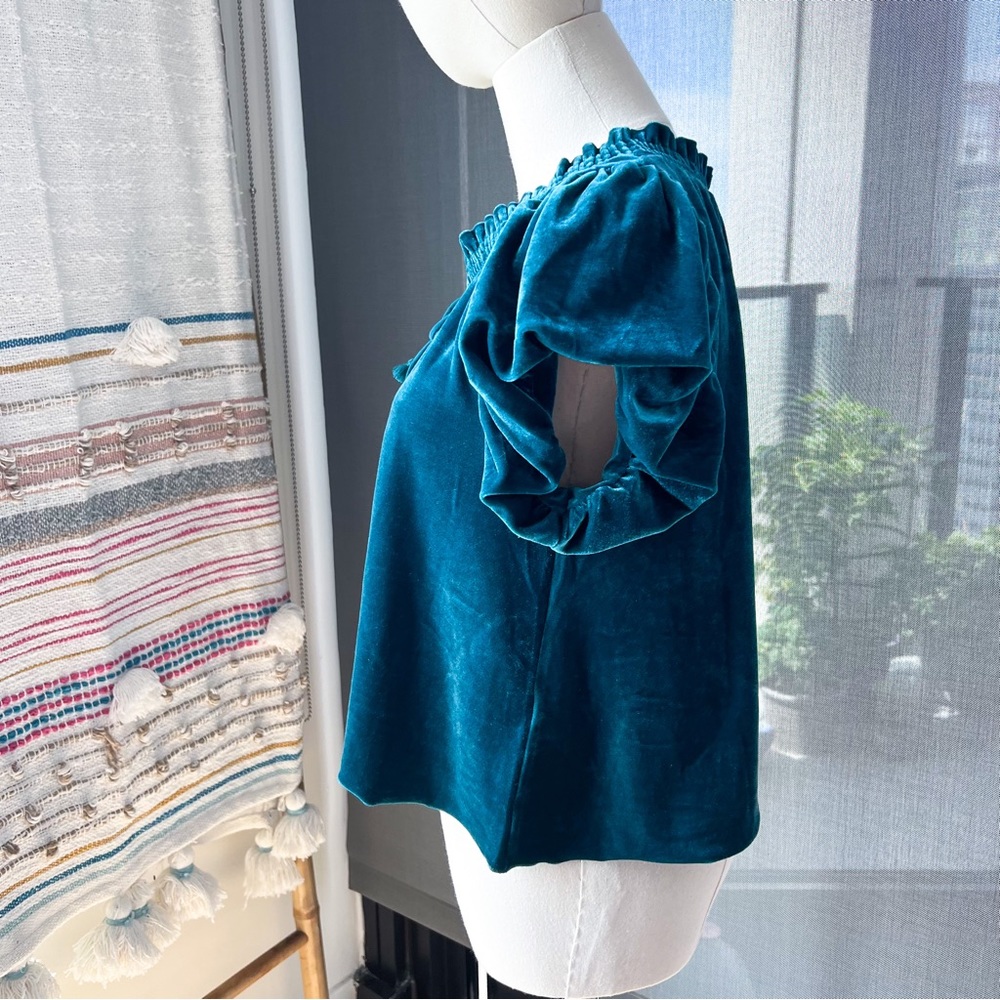 Free People Turquoise Velvet Short Puff Sleeve Pullover Top Women’s Size XS - Picture 3 of 8